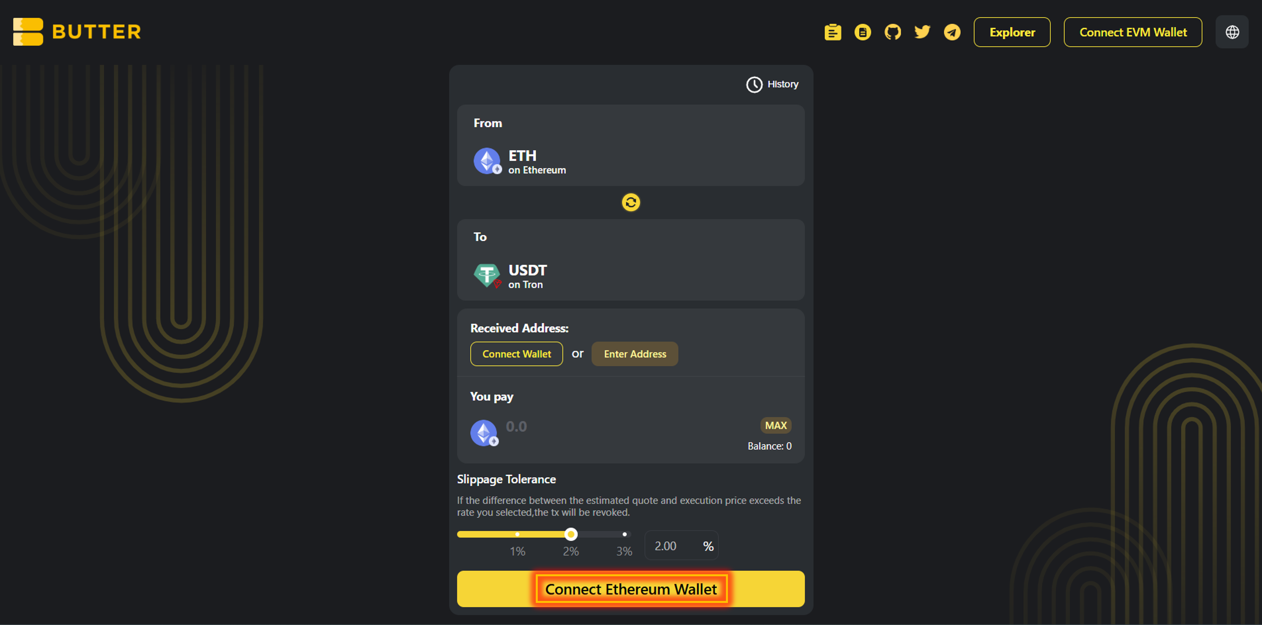 ETH to TRON USDT main screen