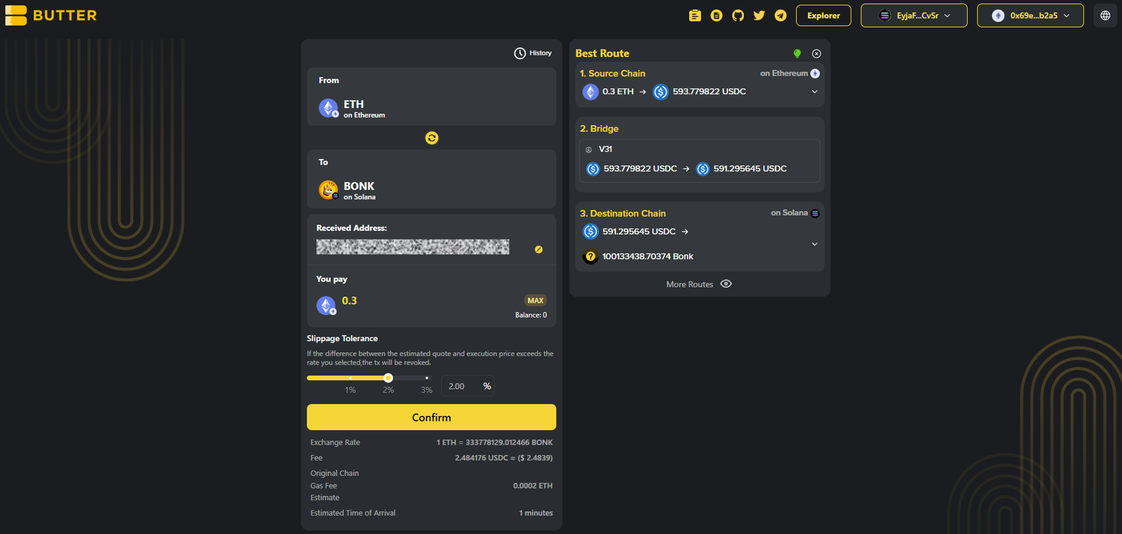 Example route ETH on Ethereum to BONK on Solana showing intermediate USDC steps