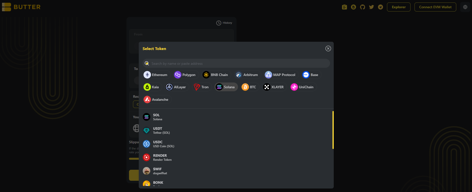 To selector showing chain selection and token search
