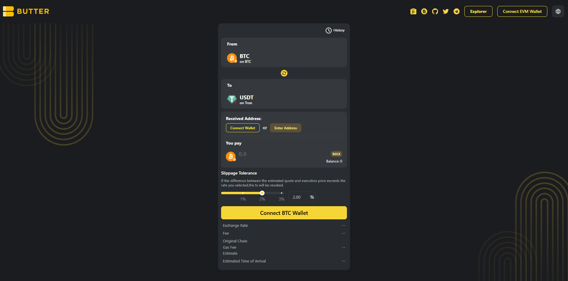 BTC to TRON USDT main screen