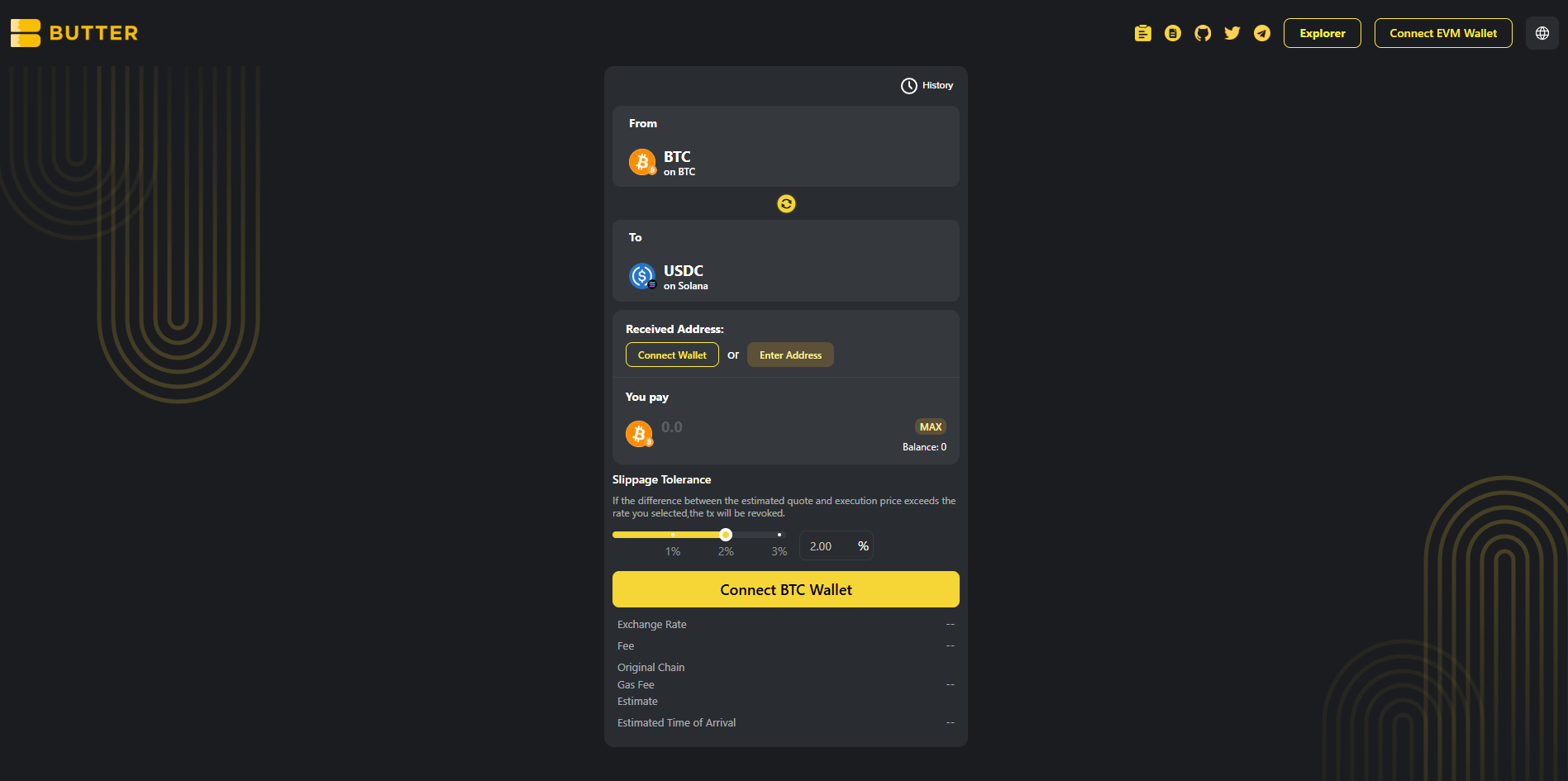 BTC to USDC on Solana main screen