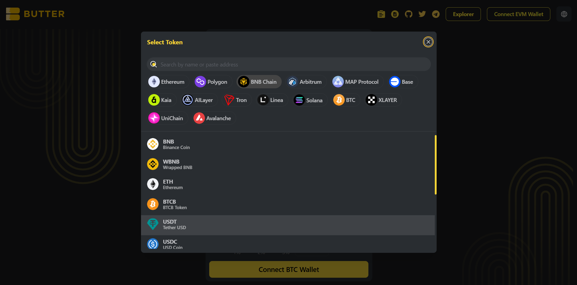 BNB Chain token selector