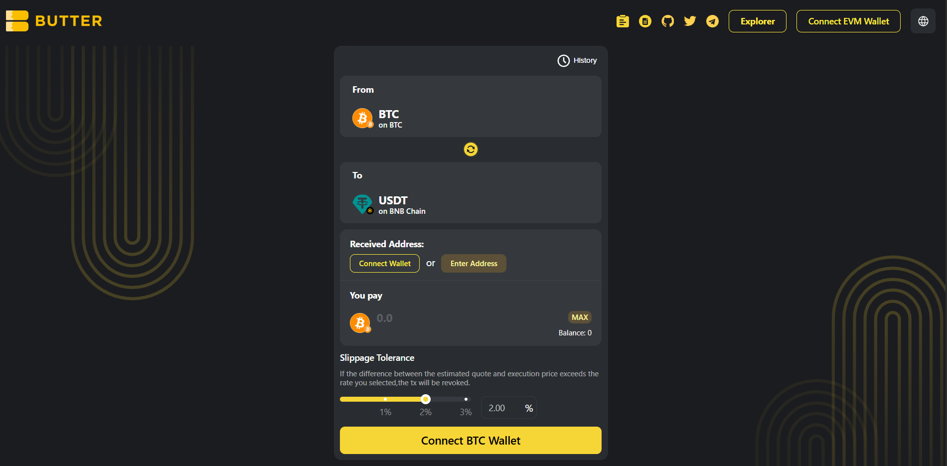 BTC to USDT on BNB Chain main screen